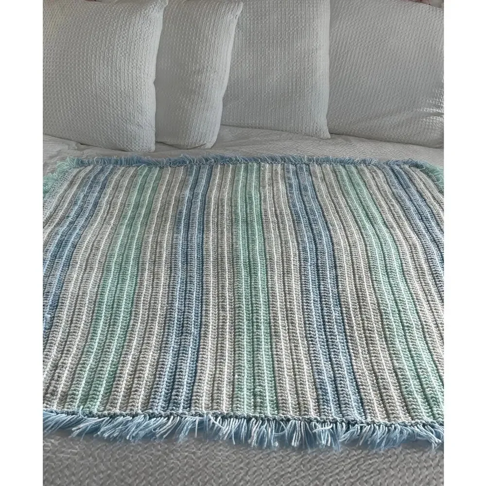 HANDMADE Crochet Afghan Throw Blanket 57x57 Pastel Blue Mint Fringed Cottagecore